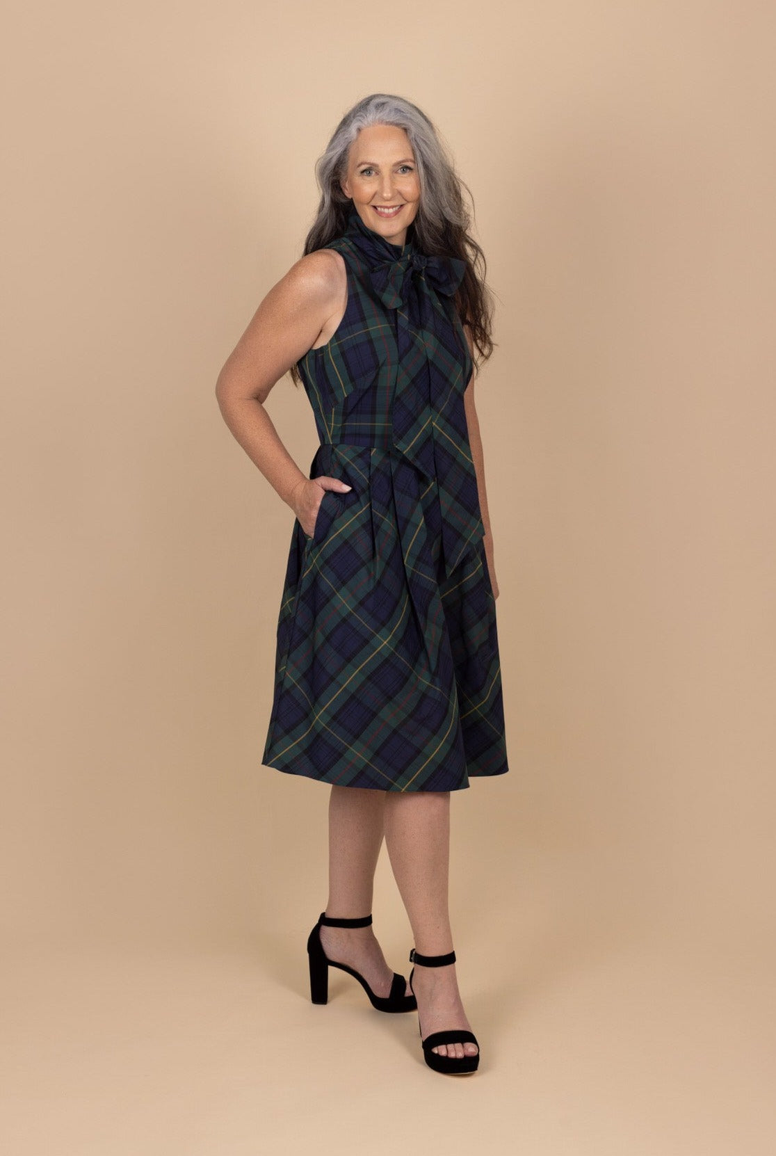 Plaid Tie-Neck Taffeta Cocktail Dress - Tea in the Garden