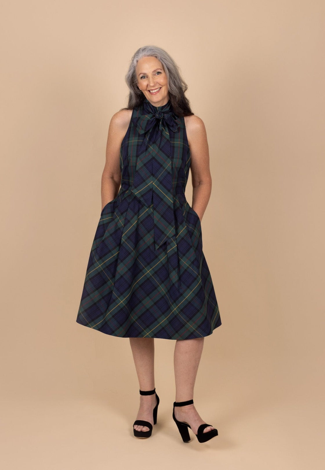 Plaid Tie-Neck Taffeta Cocktail Dress - Tea in the Garden