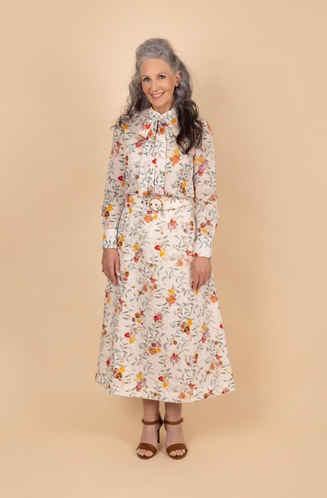 Cotton Voile Shirt & Belted Midi Skirt Set - Tea in the Garden