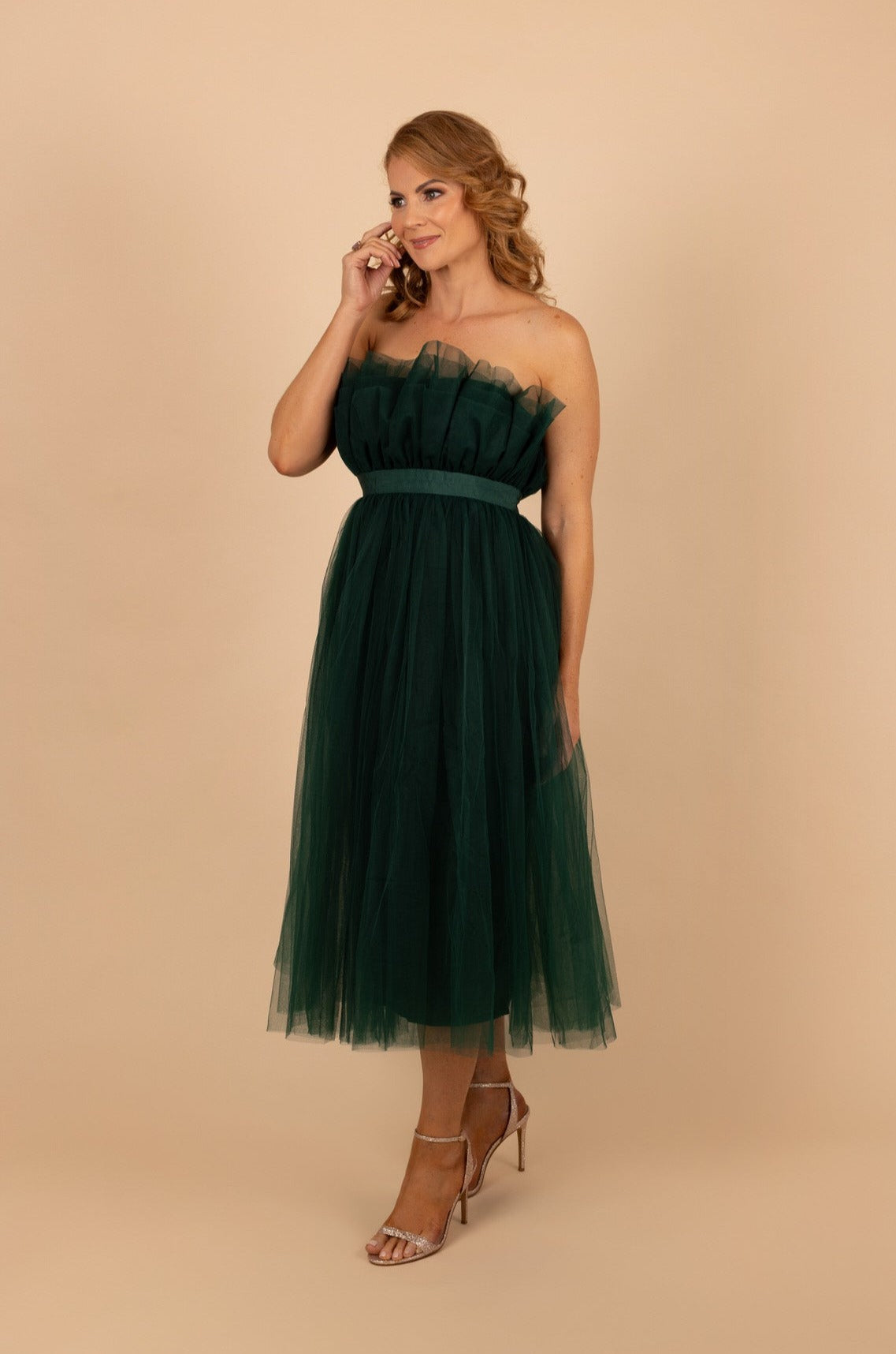 Emerald green tulle midi dress best sale